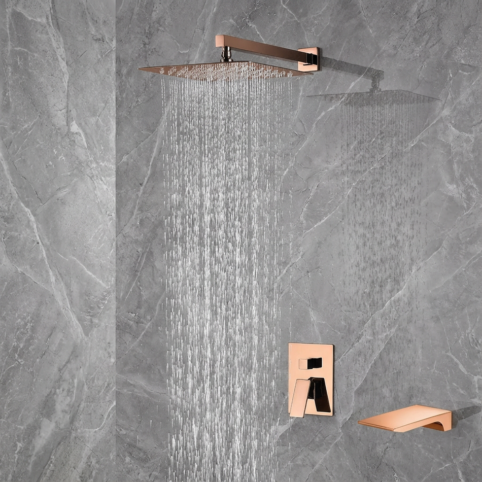 12-Inch Rose Gold Wall Mounted Two-Way Pressure Balance Shower System with Waterfall Tub Spout