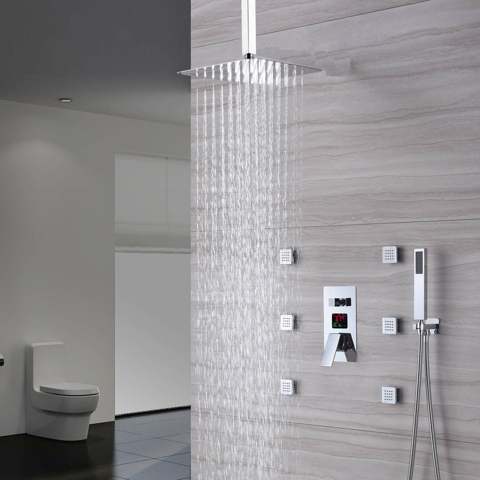 Chrome Ceiling-Mounted Shower System with LED, Digital Display, Anti-Scald, and Body Jets