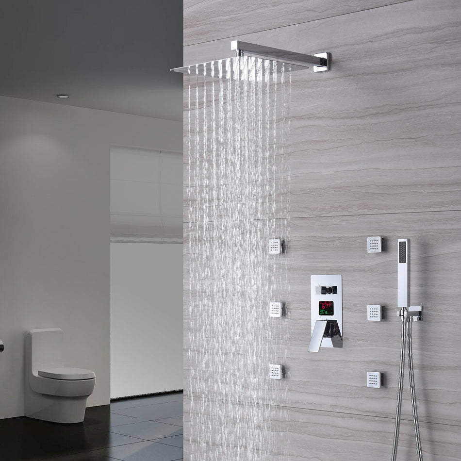 Wall-Mounted 3-Way Digital Display Pressure Balance Shower Faucet with Choice of 12'' or 16'' LED or Non-LED Rain Shower Head