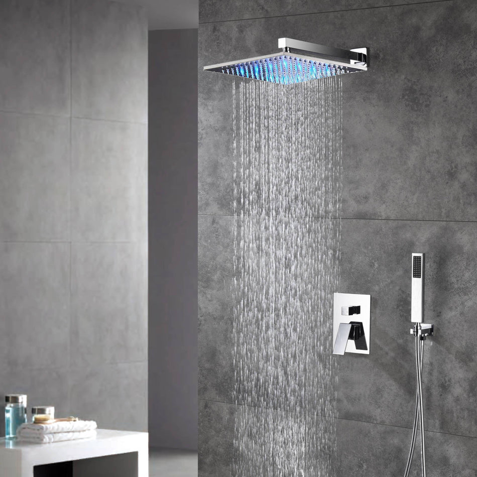 Wall-Mounted Chrome Shower System with Optional LED Light - Available in 12'' or 16'' Sizes, 2-Way Functionality