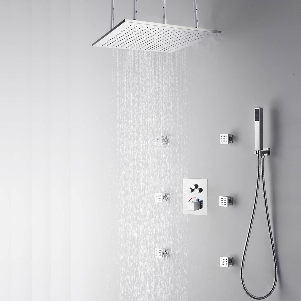 20'' or 24'' Ceiling-Mounted LED Chrome 3-Way Thermostatic Shower Faucet with Independent and Simultaneous Functionality - wonderland shower inc