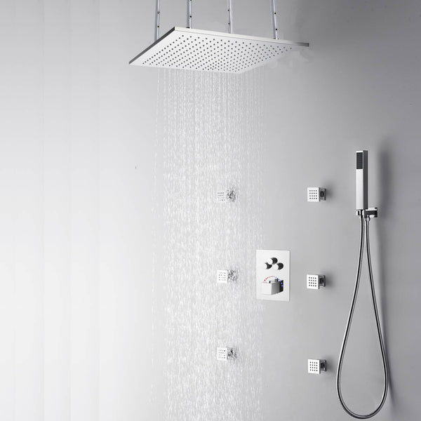 20'' or 24'' Ceiling-Mounted LED Chrome 3-Way Thermostatic Shower Faucet with Independent and Simultaneous Functionality - wonderland shower inc