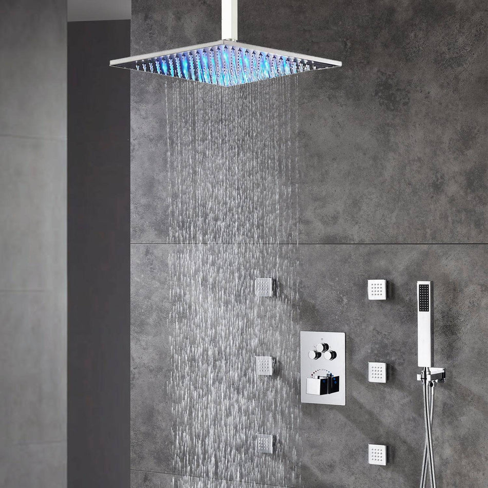 12-inch or 16-inch Rainfall 3 LED Colors Chrome Ceiling Mount 3-Way Thermostatic Shower System