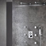Simultaneous & Separate Functioning 4-Way Thermostatic Shower Faucet: Dual 12'' Rain Shower Heads with Body Jets, Available in 4 Finishing Colors