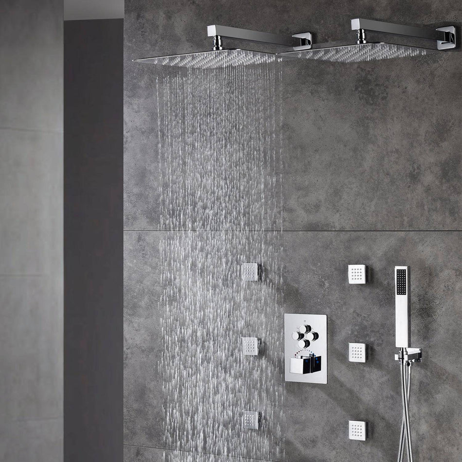 Simultaneous & Separate Functioning 4-Way Thermostatic Shower Faucet: Dual 12'' Rain Shower Heads with Body Jets, Available in 4 Finishing Colors