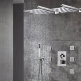Simultaneous & Separate Functioning 4-Way Thermostatic Shower Faucet: Dual 12'' Rain Shower Heads with Body Jets, Available in 4 Finishing Colors