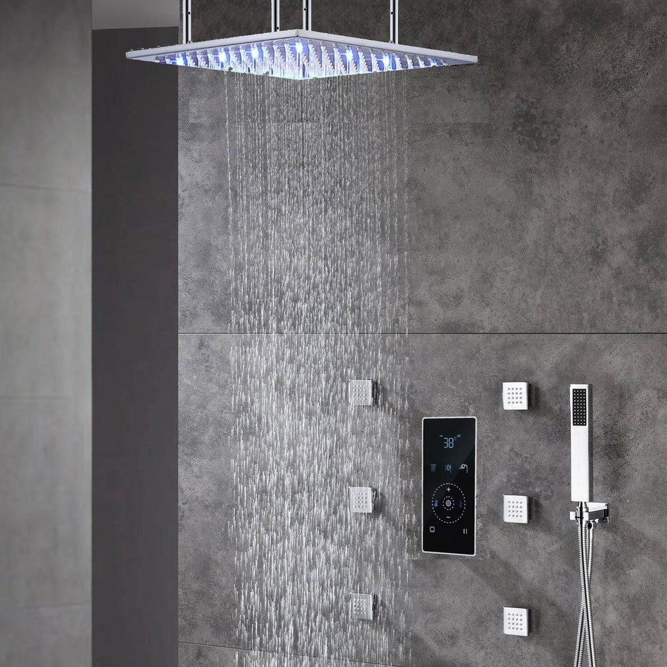 20" or 24" Chrome Ceiling Mounted Rainfall Shower Faucet with 3-Way Touch Panel
