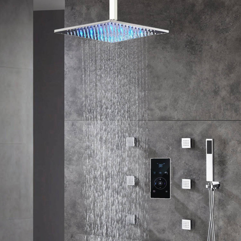 Rain Shower Set Sprayer Chrome Ceiling Mount 3 way touch digital valve with 6 body jets