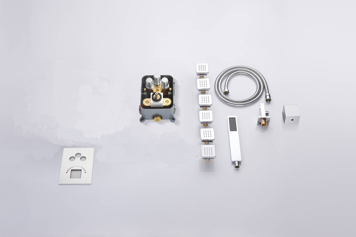 20'' or 24'' Ceiling-Mounted LED Chrome 3-Way Thermostatic Shower Faucet with Independent and Simultaneous Functionality - wonderland shower inc