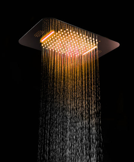 64 LED colors chrome music led flushed in 23x15inch shower head 4 way thermostatic valve that each function run at the same time and separately - wonderland shower inc
