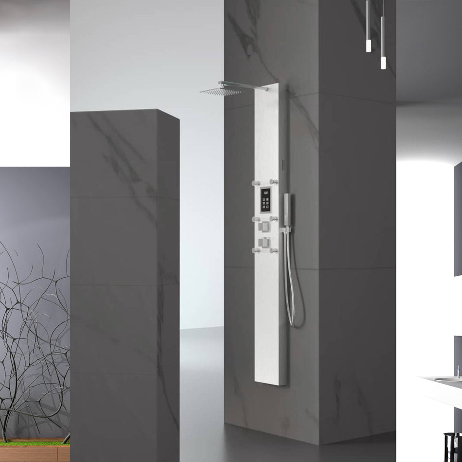 Steam Shower Panel Bluetooth Music, Brushed Nicke or Brushed Gold Shower Panel with Fahrenheit Display, Rainfall, Body Jets, and 6 KW Steam Generator