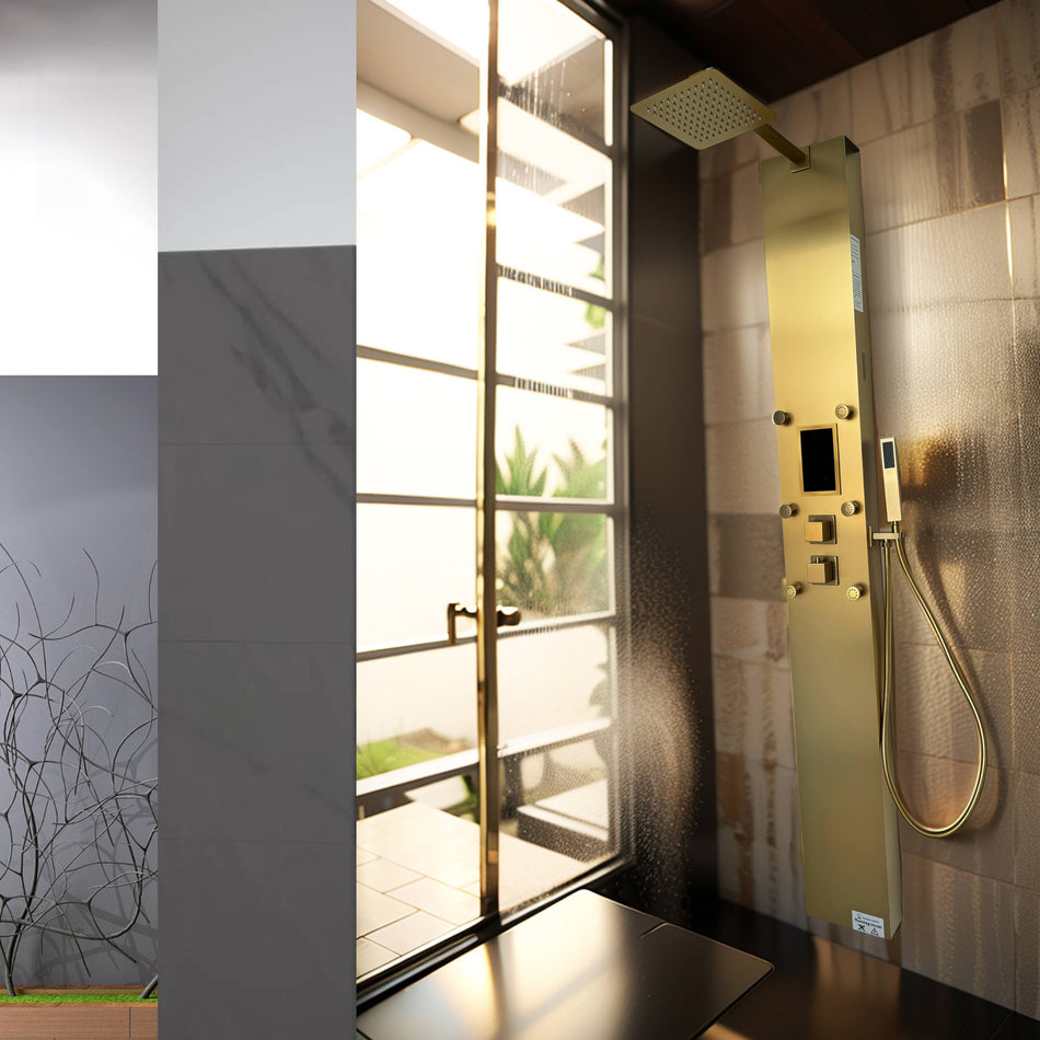 Steam Shower Panel Bluetooth Music, Brushed Nicke or Brushed Gold Shower Panel with Fahrenheit Display, Rainfall, Body Jets, and 6 KW Steam Generator