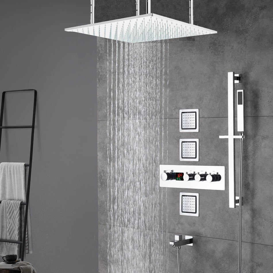 Chrome 20 inch or 24 inch LED Rainfall 3-Way Digital Thermostatic Shower Faucets with Body Jets and Sliding Bar