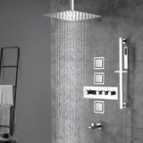 Chrome Ceiling Mount 12-Inch or 16-Inch Rain Shower System: LED or Non-LED, 3-Way Digital Thermostatic Control, Sliding Bar, and 4-Inch Body Jets