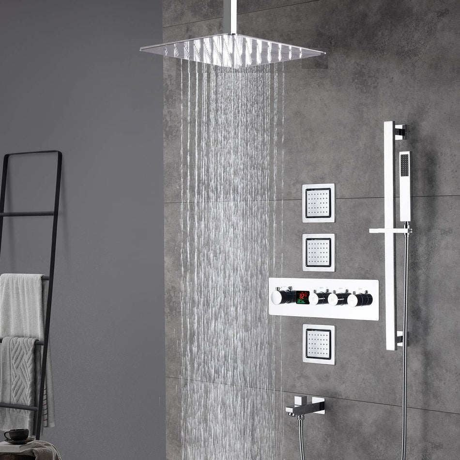 Chrome Ceiling Mount 12-Inch or 16-Inch Rain Shower System: LED or Non-LED, 3-Way Digital Thermostatic Control, Sliding Bar, and 4-Inch Body Jets