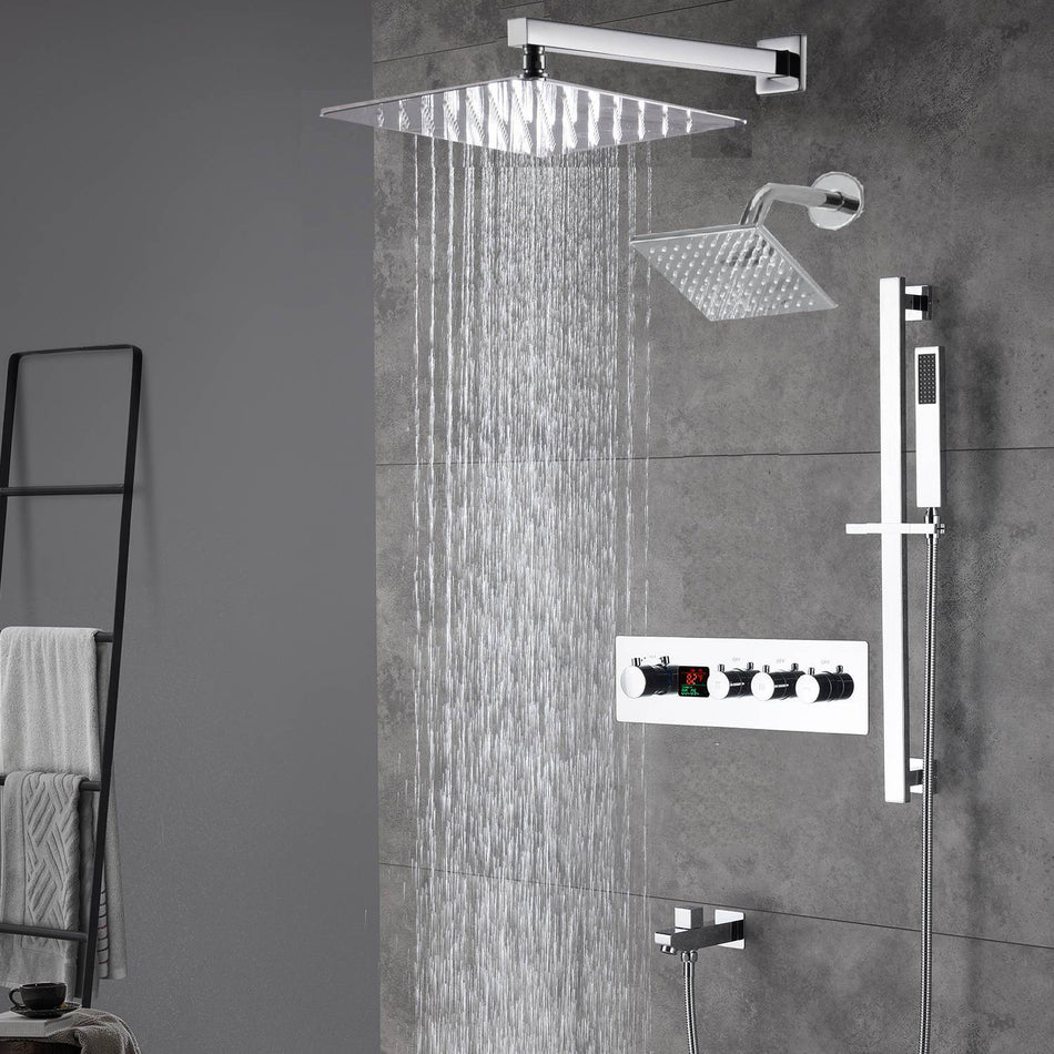 Chrome Wall Mount 12-Inch or 16-Inch Rain Shower System: LED or Non-LED, 3-Way Digital Thermostatic Control, Sliding Bar, and 6-Inch Regular Head
