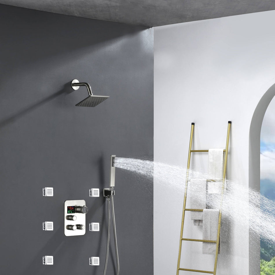 3-Way Digital Display Thermostatic Shower System: Featuring Body Jets and a 6-Inch Regular Head with Independent and Simultaneous Functionality