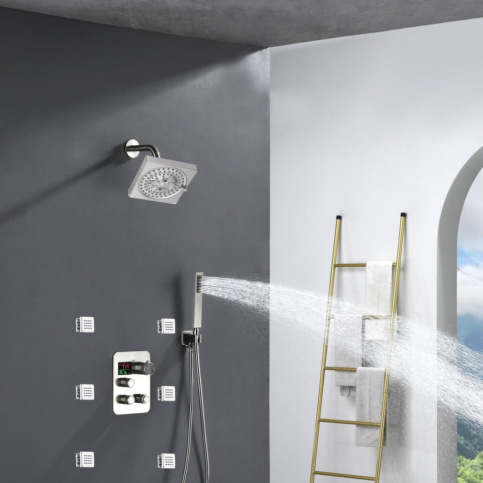 3-Way Digital Display Thermostatic Shower System: Featuring Body Jets and a 6-Inch Regular Head with Independent and Simultaneous Functionality