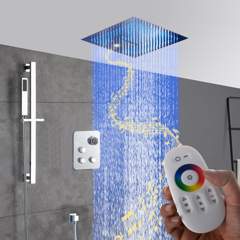 16-Inch Chrome Digital Thermostatic Shower Faucet: 3-Way Control, Flush-Mounted, 64-Color LED Shower Head and Sliding Bar Features