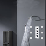 Chrome 12inch LED light or 6 inch regular head Wall mount 3 way thermostatic shower faucet with 6 body jets and sliding bar