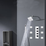 Chrome 12inch LED light or 6 inch regular head Wall mount 3 way thermostatic shower faucet with 6 body jets and sliding bar