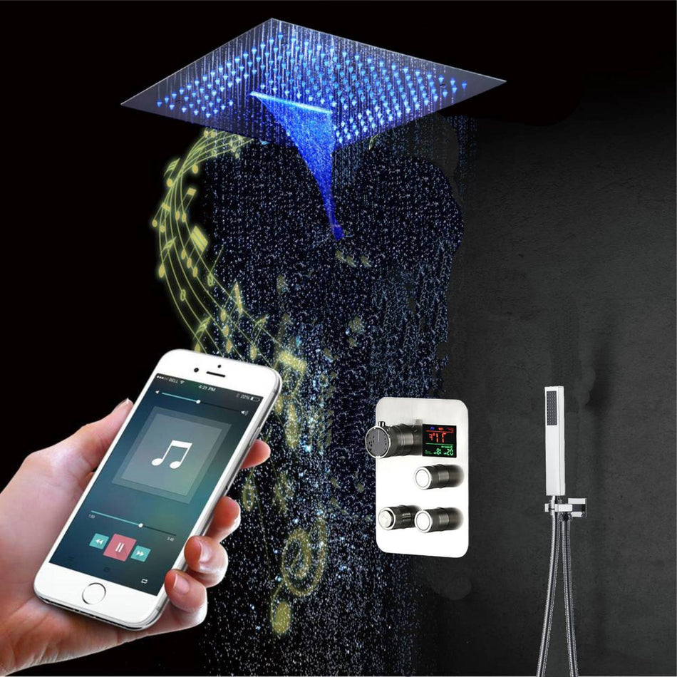 16-Inch Chrome or Brushed Nickel Shower Faucet: Flush-Mounted, 3-Way Control, 64-Color LED Lighting, Bluetooth Music