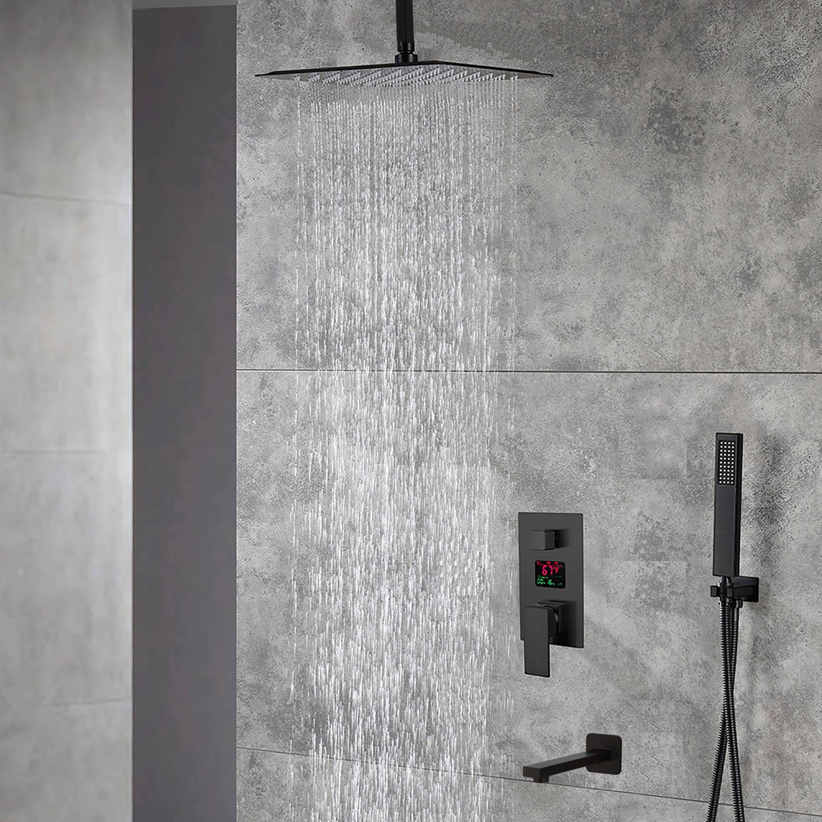 Ceiling mount 12-Inch or 16-Inch Matte Black Rain Showers with 3-Way Anti-Scald Digital Display Valve, Trim, and Tub Spout - wonderland shower inc