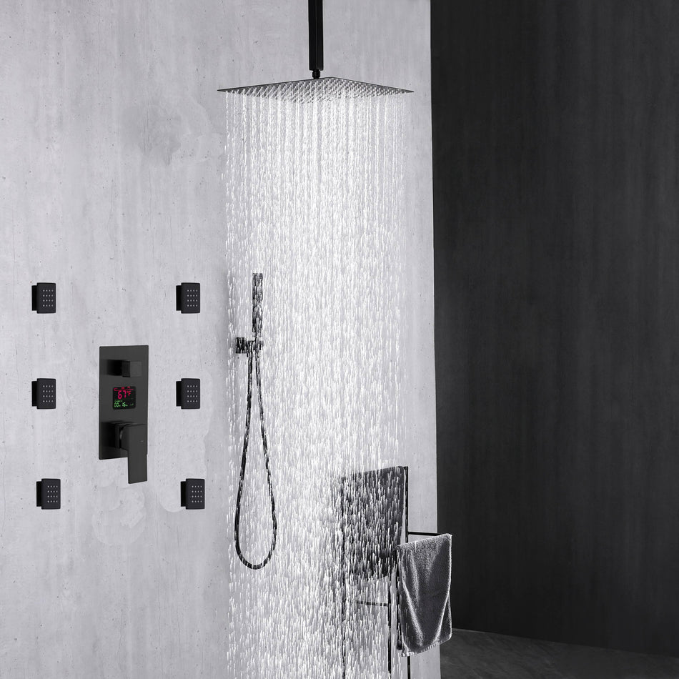 Matte Black LED Rain Shower System: 12" or 16" with 3-Way Digital Display and Body Jets