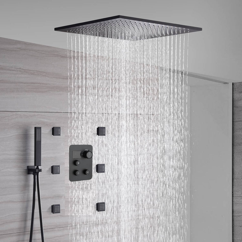 Matte Black Ceiling Mounted Shower Faucet: 20" or 24" with LED Colors, Digital Display Valve, 6 Body Jets