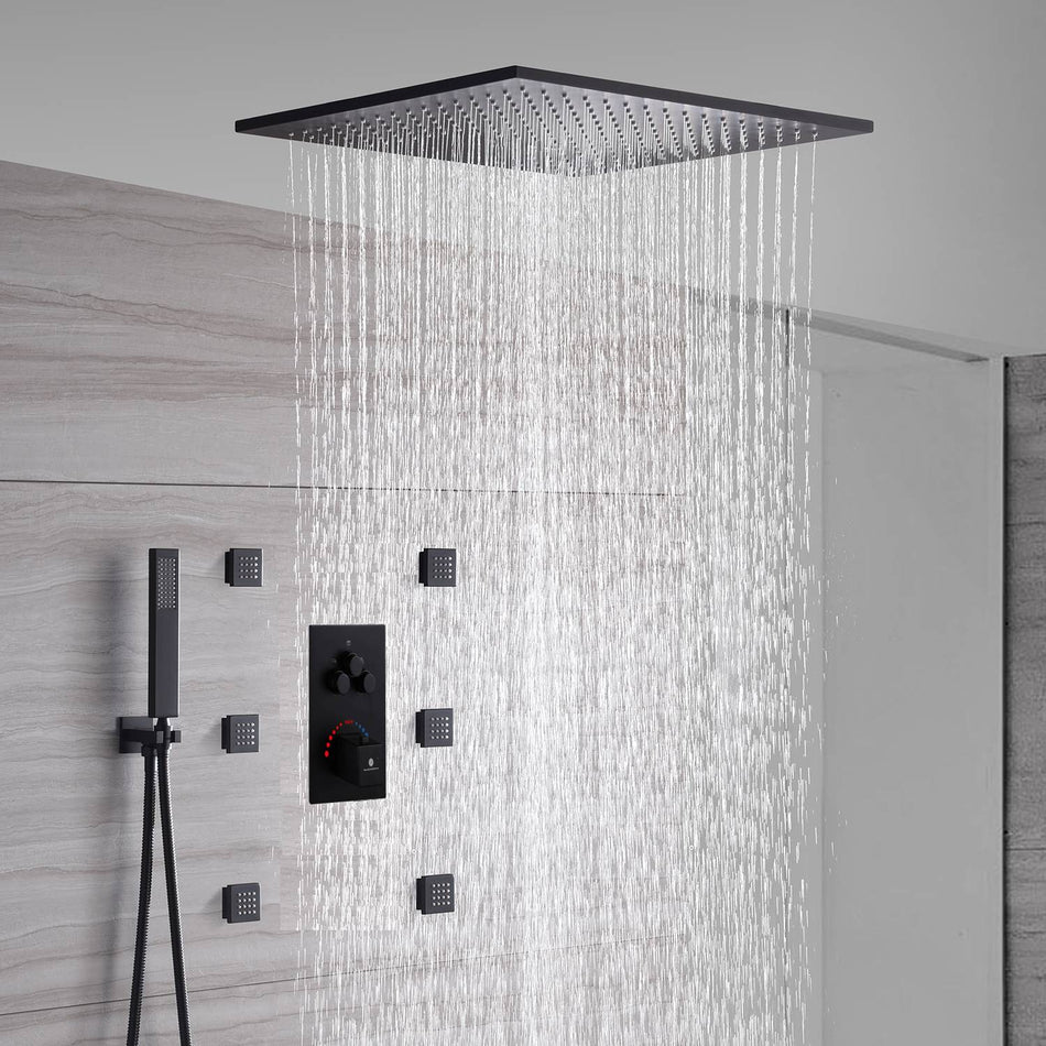 Matte Black 20" or 24" Ceiling-Mounted 3-Way Thermostatic Shower Faucet