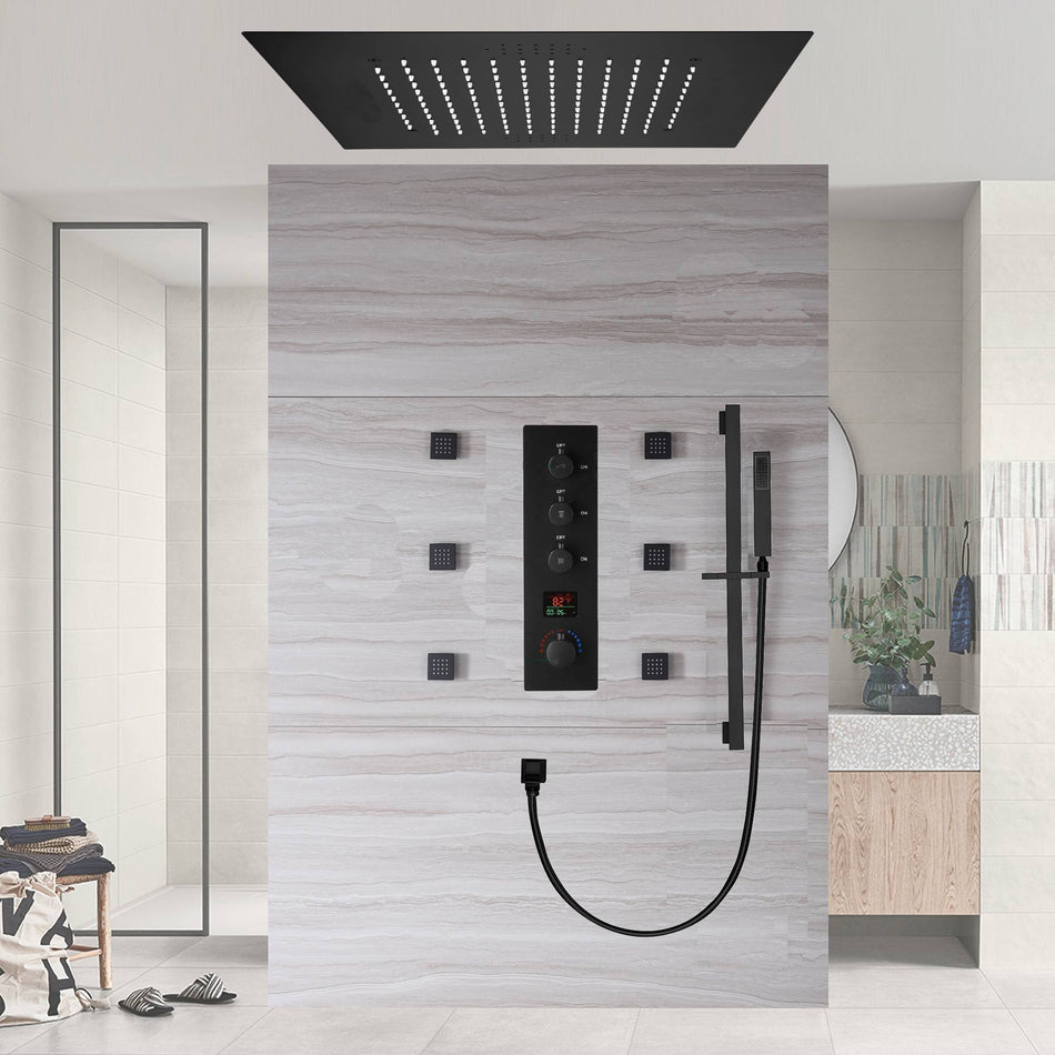 64 LED colors 20 inch Matte Black flush Mounted rainfall shower systems 3 way digital display thermostatic valve with Regular head and 6 body jets