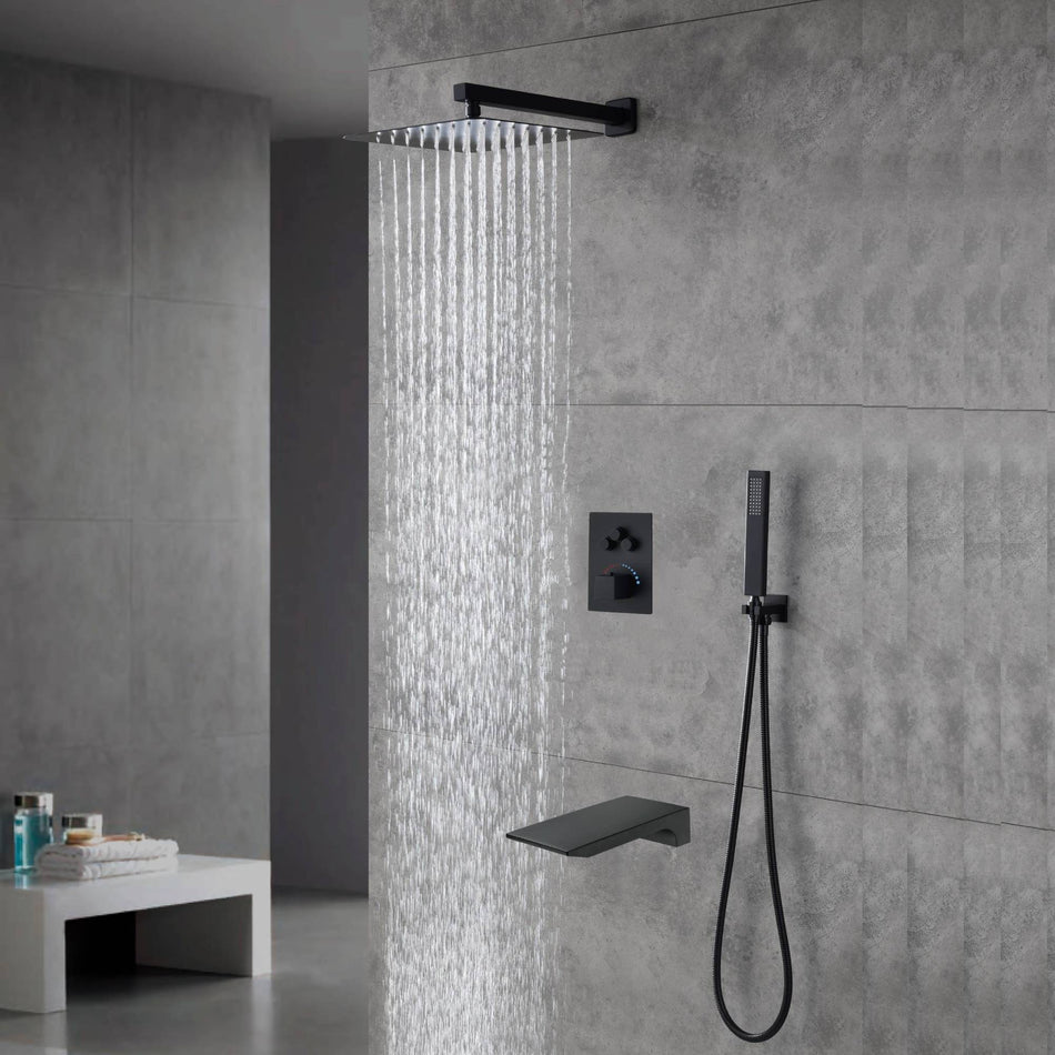 Matte Black Wall-Mounted 12" or 16" Rain Shower Head with 3-Way Thermostatic Faucet
