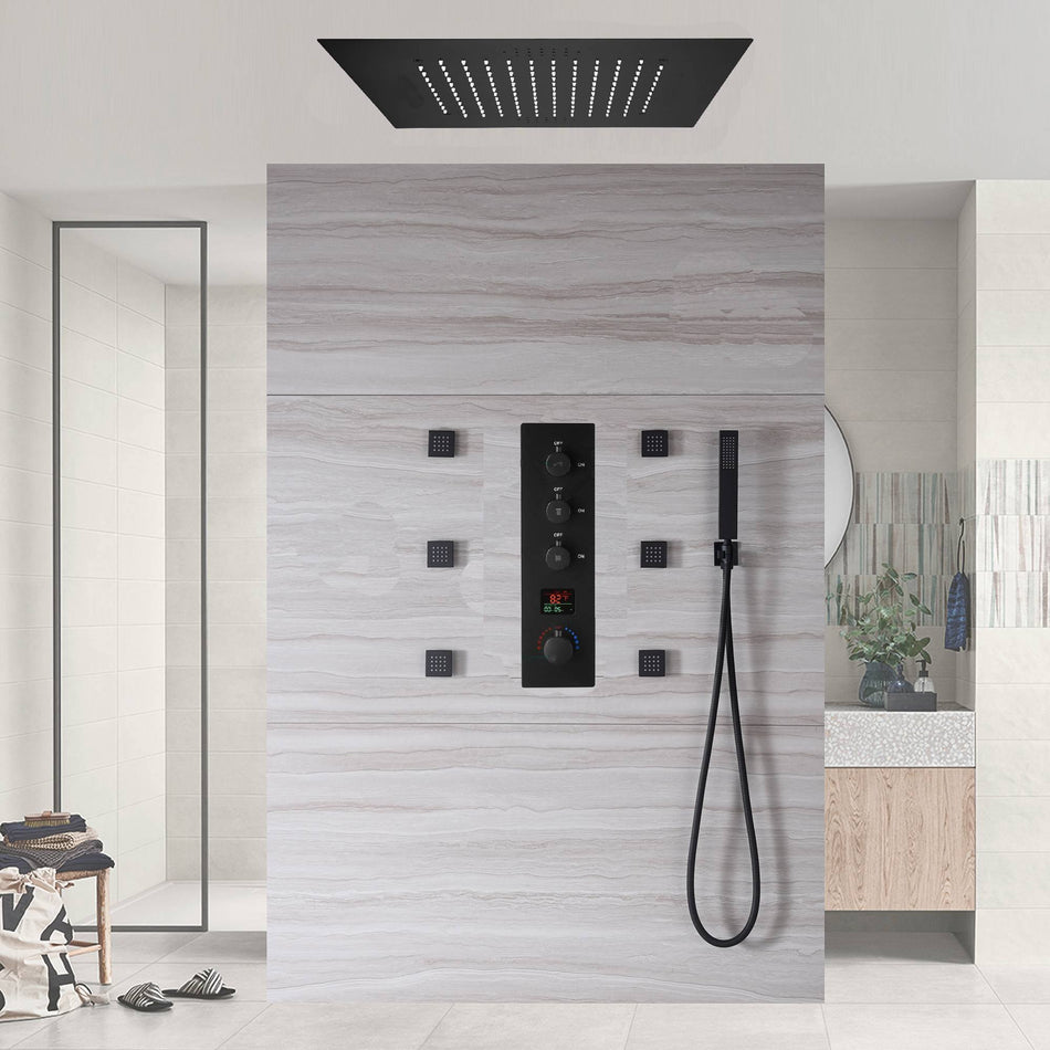 20inch LED Rainfall matte black 3 way digital thermostatic shower faucet with Body jets