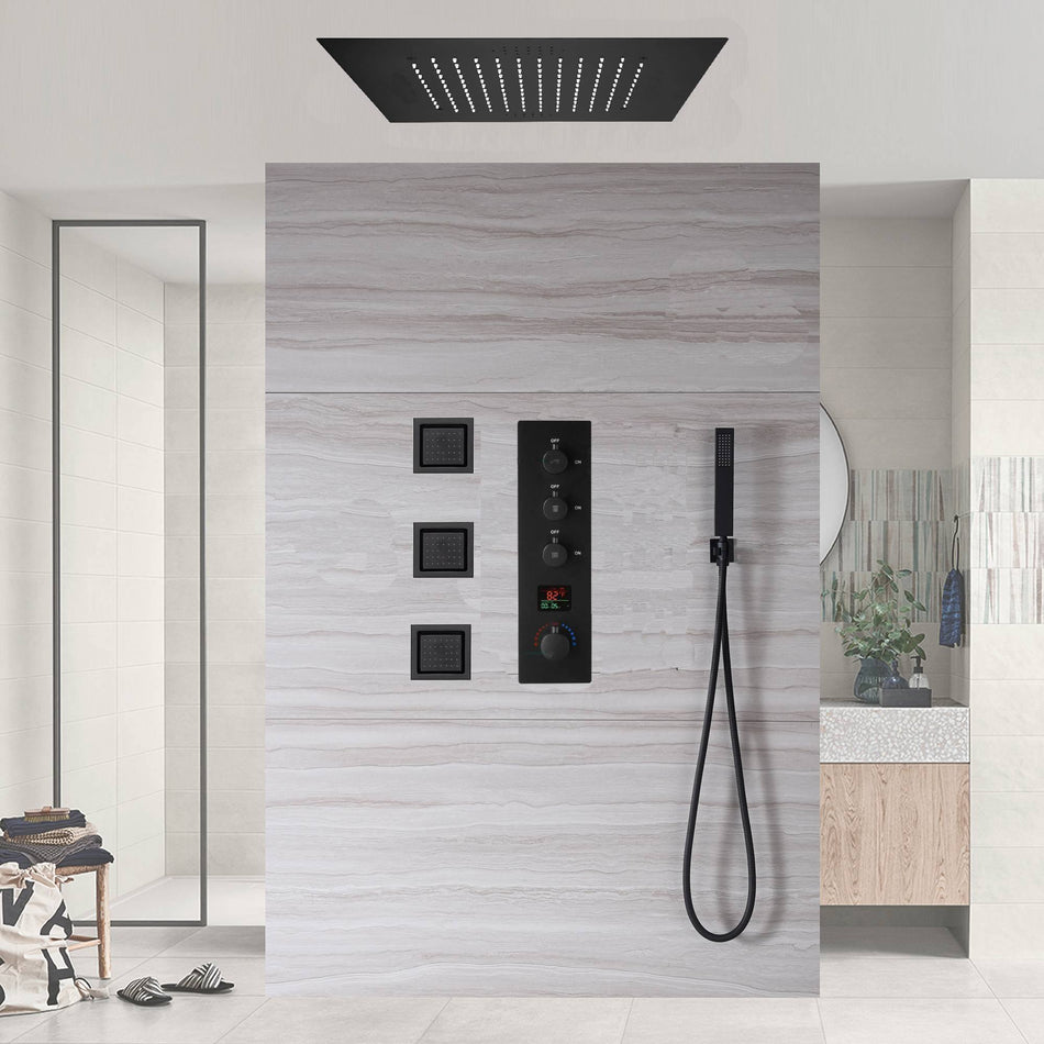 20inch LED Rainfall matte black 3 way digital thermostatic shower faucet with Body jets