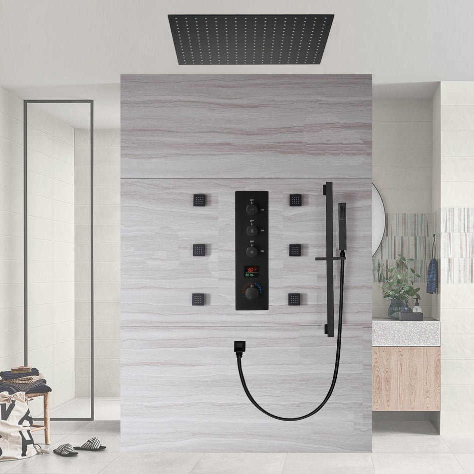 20inch LED Rainfall matte black 3 way digital thermostatic shower faucet with sliding bar and 2inch body jets