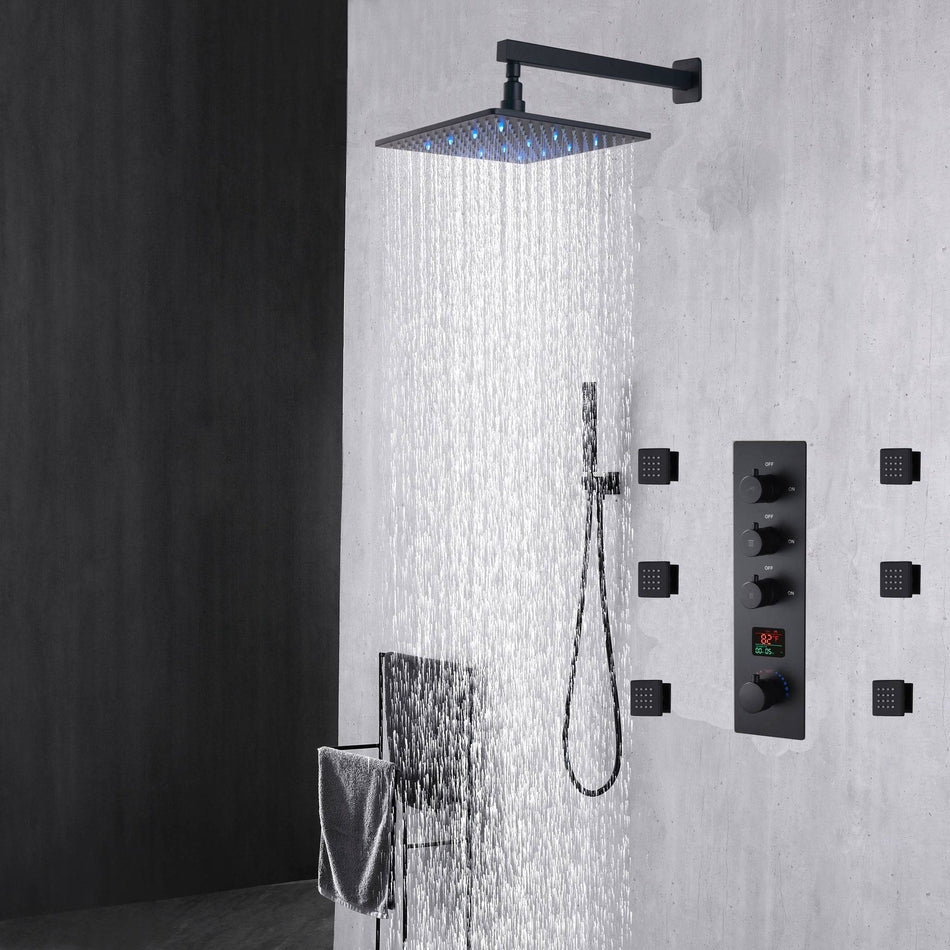 matte black Wall mount 12 inch or 16 inch rain head 3 way digital display thermostatic shower faucet with 6 body jets