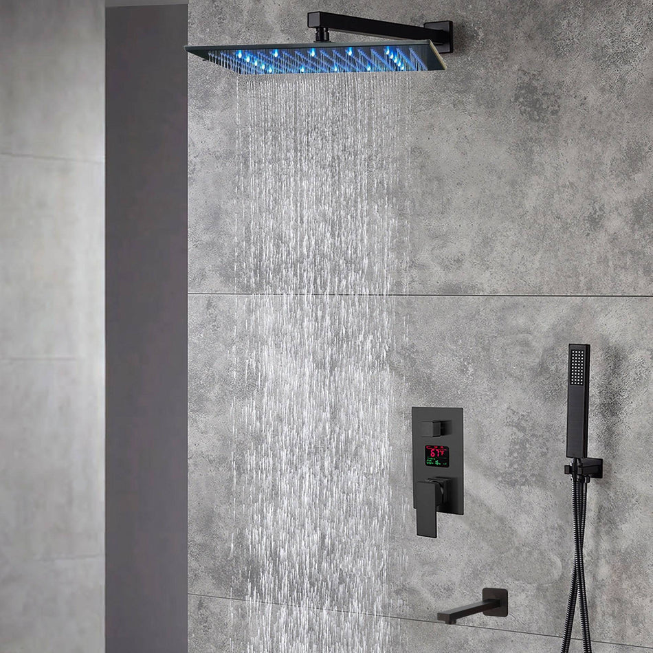 Matte Black LED 3-Way Digital Shower Faucet: 12" or 16" with Rain Head and Tub Spout
