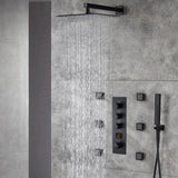 matte black Wall mount 12 inch or 16 inch rain head 3 way digital display thermostatic shower faucet with 6 body jets