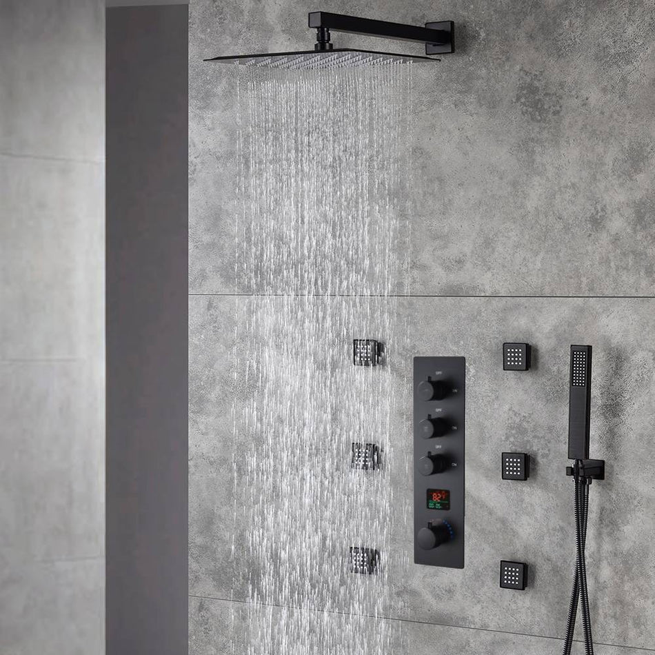 matte black Wall mount 12 inch or 16 inch rain head 3 way digital display thermostatic shower faucet with 6 body jets