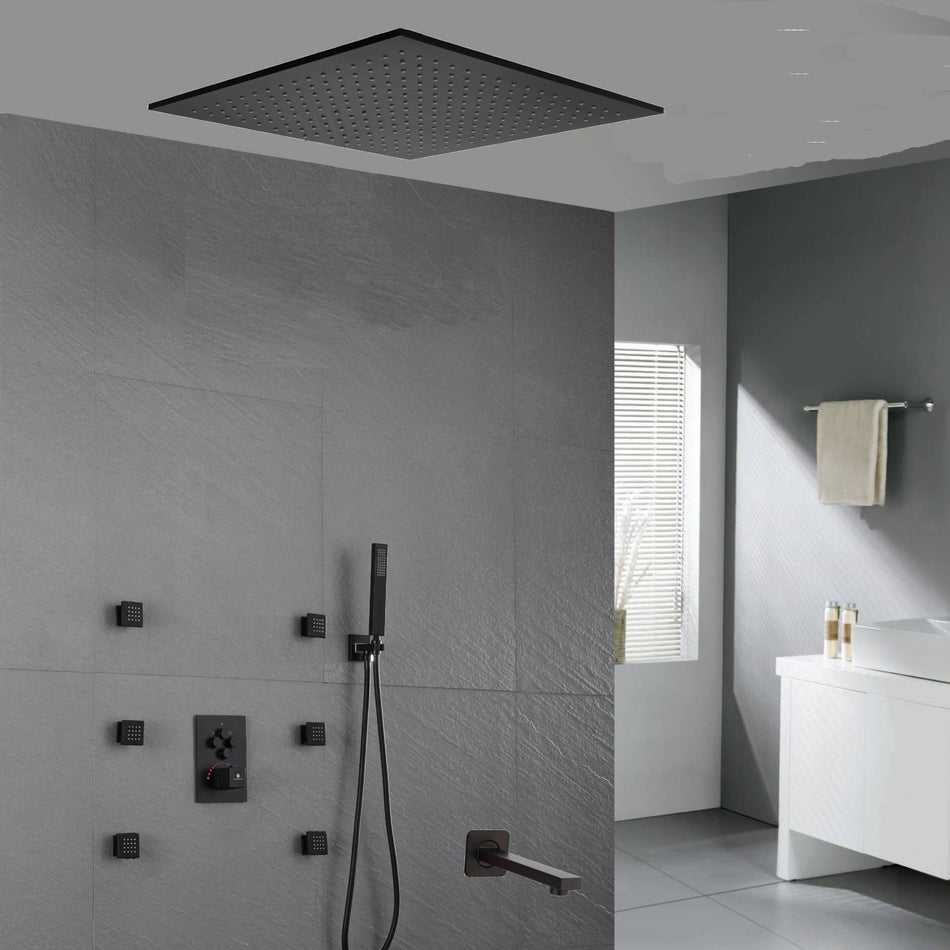 20'' ceiling mounted LED matte Black 3 way thermostatic valve tub spout that each function run at the same time and separately