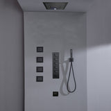 16inch 64 colors LED matte black Flushed mount rainfall waterfall shower head 5 Way Thermostatic Shower Faucet with body jets and Tub Spout