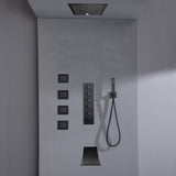 16inch 64 colors LED matte black Flushed mount rainfall waterfall shower head 5 Way Thermostatic Shower Faucet with body jets and Tub Spout