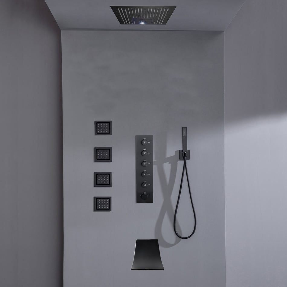 16inch 64 colors LED matte black Flushed mount rainfall waterfall shower head 5 Way Thermostatic Shower Faucet with body jets and Tub Spout