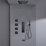 16inch 64 colors LED matte black Flushed mount rainfall waterfall shower head 5 Way Thermostatic Shower Faucet with body jets and Tub Spout