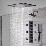 20-Inch or 24-Inch Matte Black Flush or Ceiling Mount Rainfall Waterfall Shower System: Complete with 5-Way Thermostatic Valve and 6 Body Jets and Regular Head