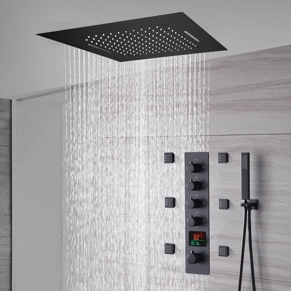 Matte Black 20" Flush or Ceiling Mount Shower System with Thermostatic Valve and Body Jets