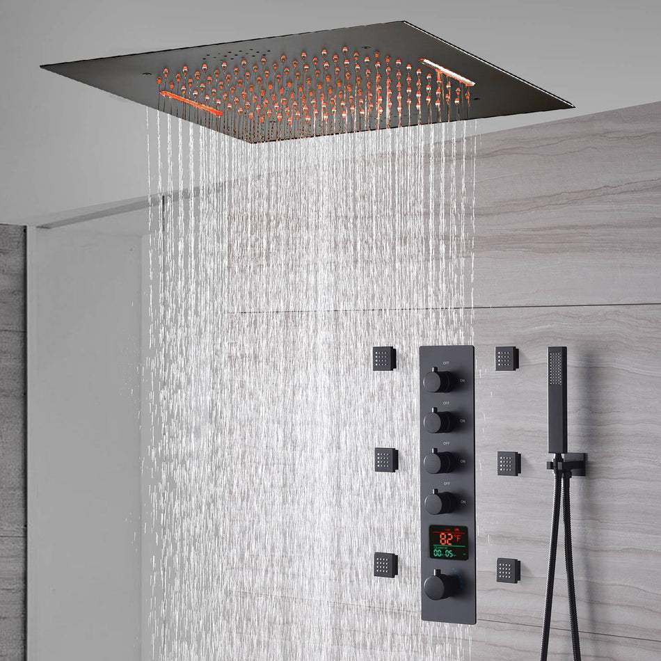 Matte Black 20" Flush or Ceiling Mount Shower System with Thermostatic Valve and Body Jets