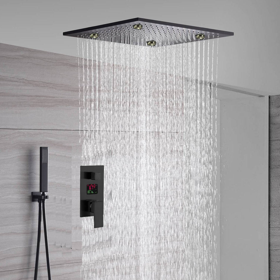 Matte Black 20" LED Rainfall Shower Head with 3-Way Digital Shower Faucet