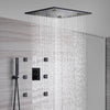 20 Inch LED Rainfall Mist Ceiling Mounted Matte Black 4-Way Thermostatic Shower System featuring 6 Body Jets. - wonderland shower inc