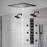 20-Inch or 24-Inch Matte Black Flush or Ceiling Mount Rainfall Waterfall Shower System: Complete with 6-Way Thermostatic Valve and 6 Body Jets and Dual Regular Head